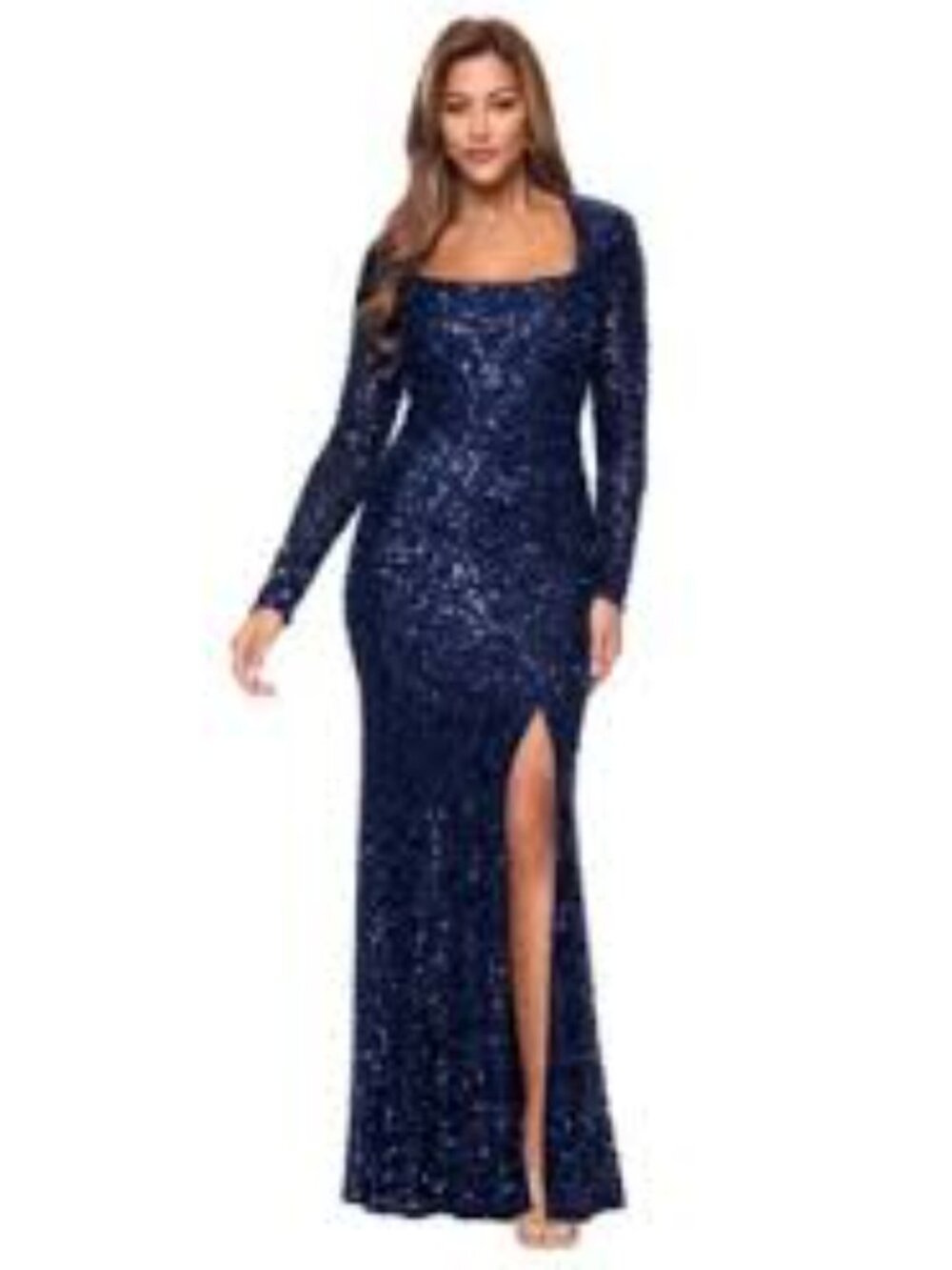New Xscape Blue High-Slit Square-Neck Long Sleeve Sequined Gown plus 14 sequin